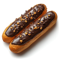 Two delicious chocolate-covered &eacute;clairs topped with crunchy toffee bits, showcasing rich textures and indulgent flavors.