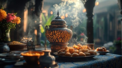 Ornate incense burner steaming over food offering on ornate table in courtyard