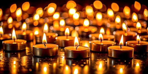 A group of lit tea light candles creating a warm and inviting atmosphere in the dark room