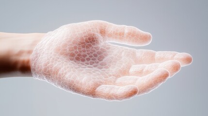 Human hand covered with a synthetic artificial skin layer, illustrating advanced biotechnology, skin grafting, and tissue regeneration.
