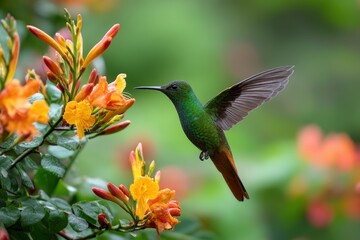 Fototapeta premium A close-up of the rare parrot's beak flower with bright orange and yellow blossoms. A hummingbird hovers in the air while drinking nectar