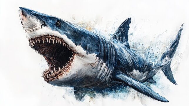 Majestic great white shark bursts from a stark white backdrop, showcasing rows of formidable teeth. A striking digital illustration