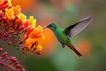A close-up of the rare parrot's beak flower with bright orange and yellow blossoms. A hummingbird hovers in the air while drinking nectar