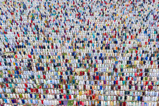 Aerial view of a colorful congregation during Eid Prayer, Paurashava, Dinajpur, Rangpur, Bangladesh.