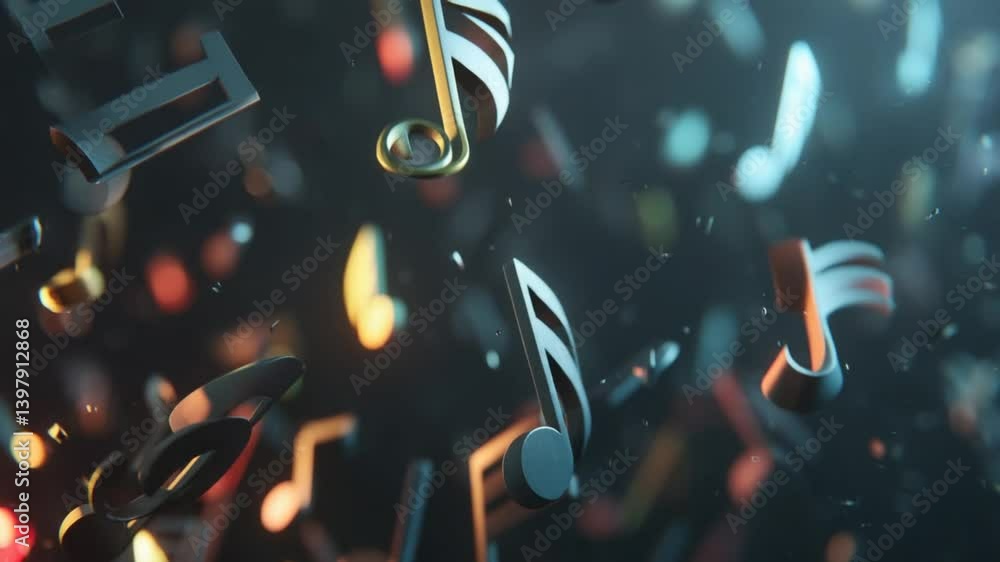 Poster floating music notes surrounded by vibrant colors in space generative ai