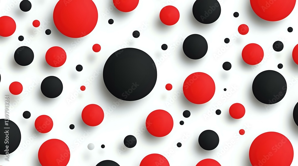 Poster scattered red and black spheres of varying sizes creating dynamic composition on white background wi