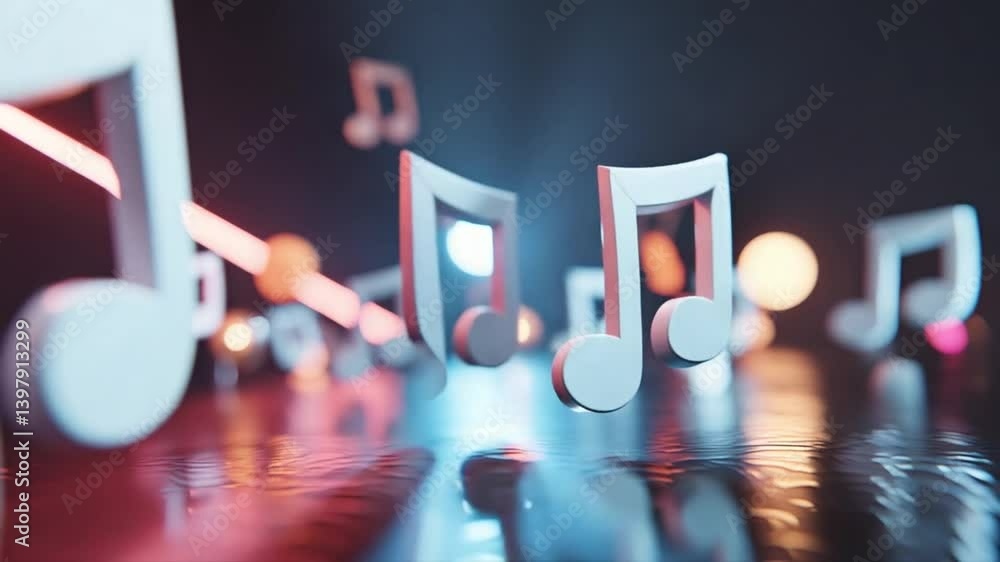 Poster music notes float among colorful lights in an abstract cosmic setting generative ai