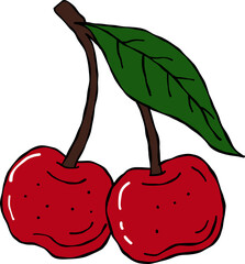 Cherry with stem and leaf. hand-drawn cartoon style drawing.