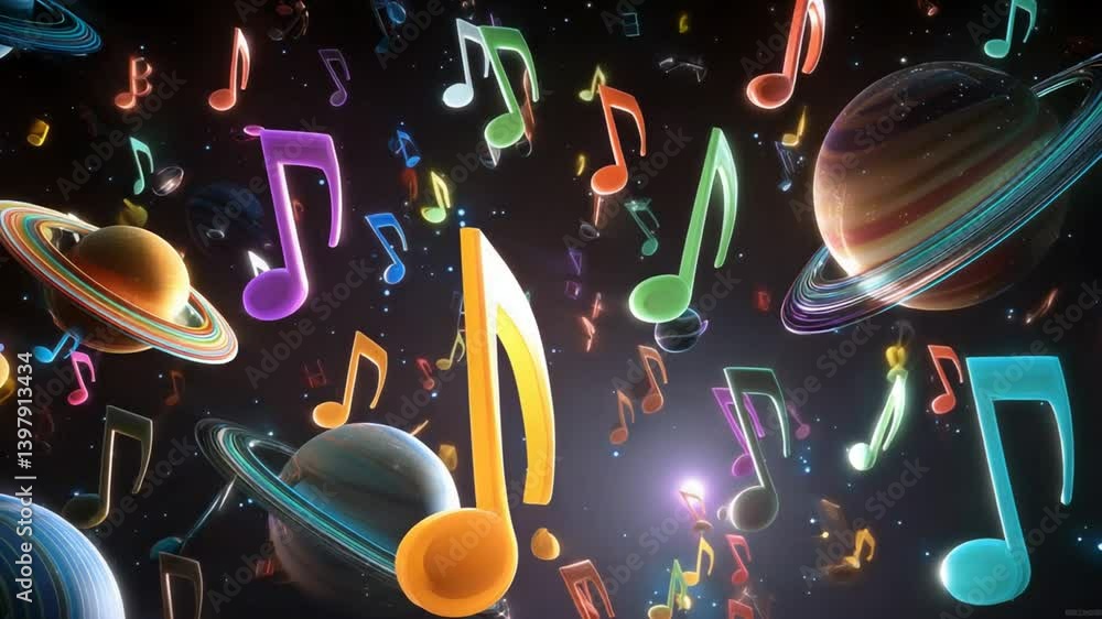 Poster music notes float in vibrant space with colorful lights and planets generative ai