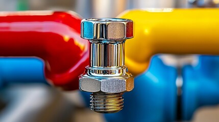 Close-up of a shiny metal connector between red and yellow pipes