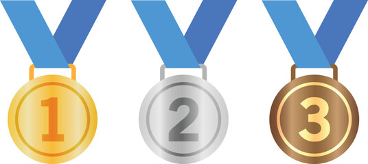 Gold, Silver, Bronze Medal Set Vector – 1st, 2nd, 3rd Place Award Icons with Blue Ribbons for sports apps and websites