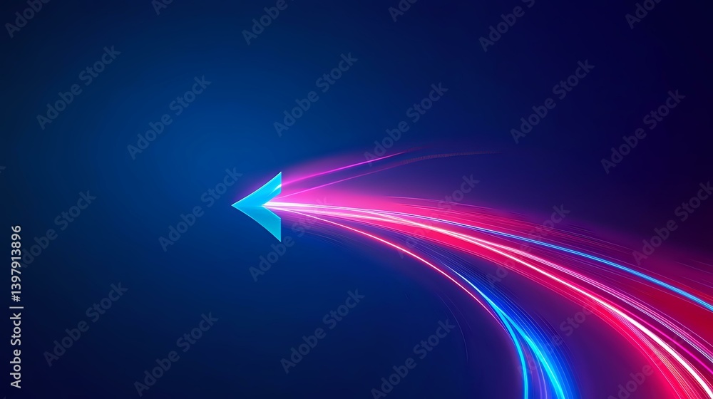 Poster glowing neon light trails curve and merge into arrow shape on dark blue background, creating dynamic