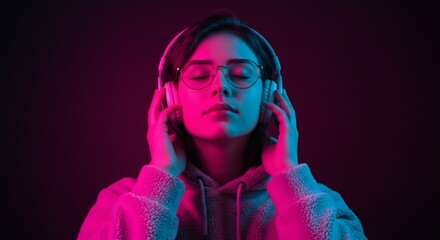 A young woman with glasses enjoys music with headphones, eyes closed
