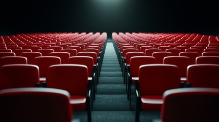 Fototapeta premium Rows of empty red theater seats leading to a bright stage light