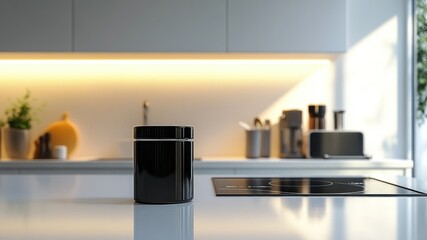 Minimalist kitchen scene with a black container on a bright countertop.