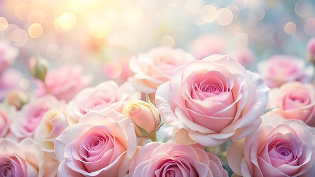 A dreamy soft focus image of many pink roses with bokeh lights in the background above them