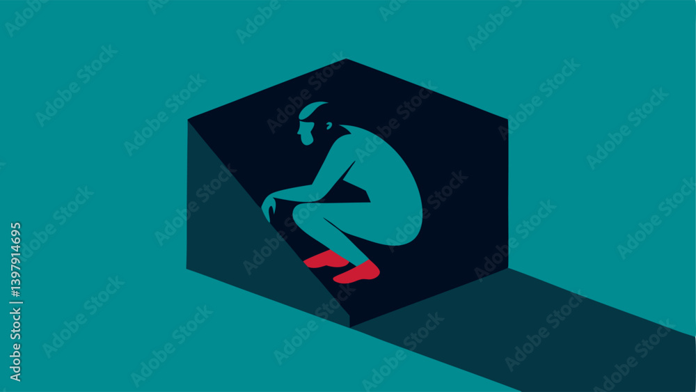 Poster illustration 2 shadow leap a figure crouches inside a small rectangular box looking contemplative. o