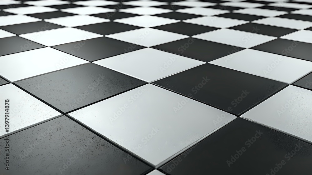 Poster diagonal perspective of classic black and white checkered floor pattern extending to horizon. abstra