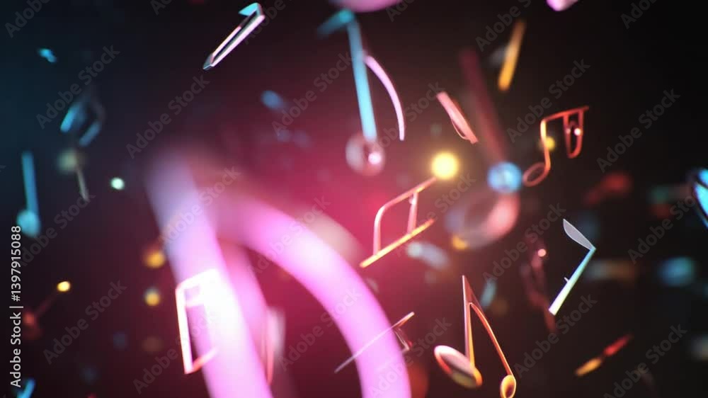Poster colorful musical notes floating in a vibrant abstract space scene generative ai