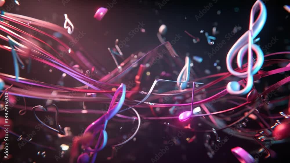 Poster floating musical notes with colorful glowing lights in space generative ai