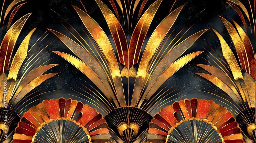 Poster art deco golden fan pattern with black background featuring symmetrical metallic elements in orange 