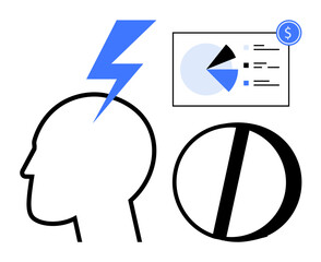 Human mind with lightning representing ideas, circular chart, data analysis board with financial highlight. Ideal for analytics, strategy, innovation, creativity, insights, planning flat simple