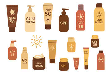 Various sunscreen bottles with SPF labels.