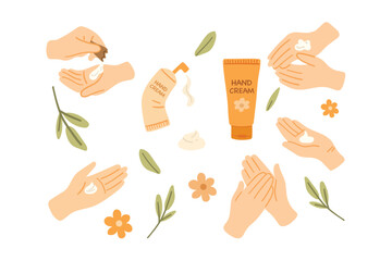 Cosmetic creams and hands in skincare composition.