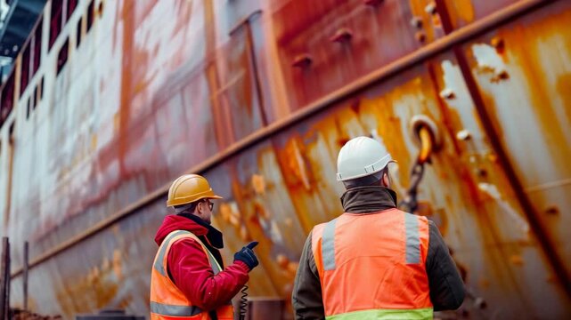  Engineers in safety gear talking beside a massive cargo ship in an industrial shipping port, symbolizing teamwork, maritime logistics, and large-scale infrastructure.