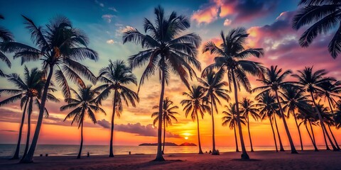 Palm trees silhouette against a vibrant sunset sky on a tropical beach paradise view