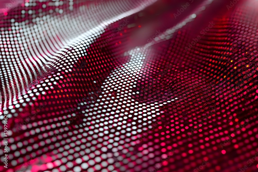 Poster dynamic red and black dotted pattern creating waves and motion effect with selective focus, abstract