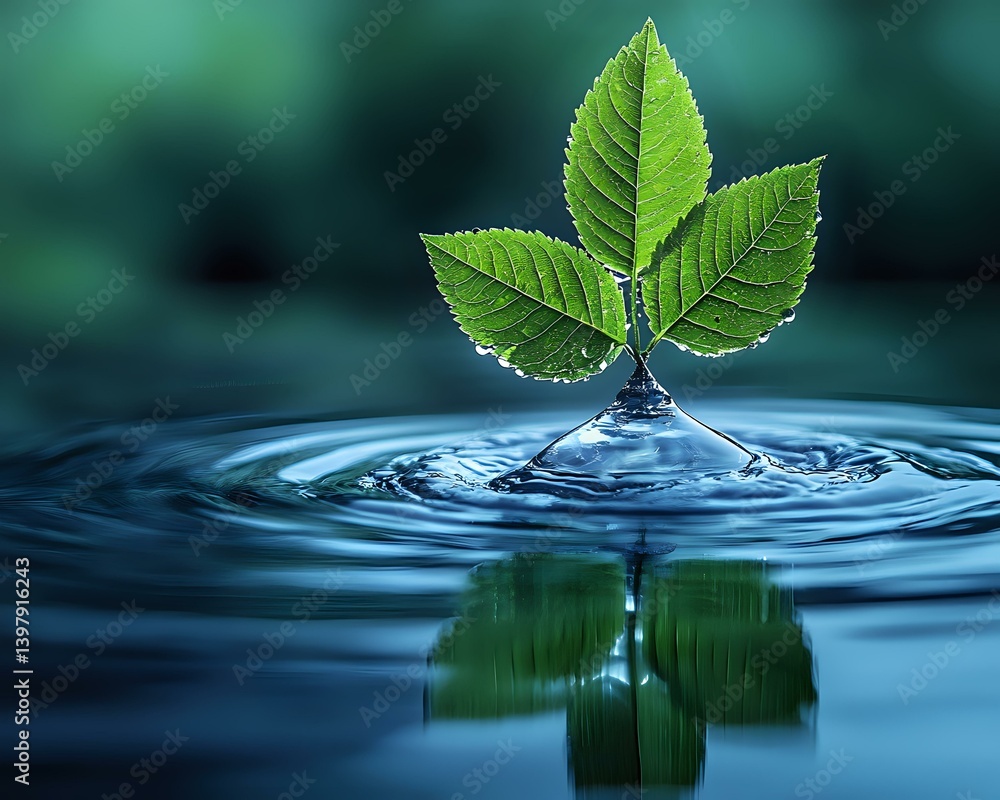 Poster fresh green leaves emerging from water surface with concentric ripples, creating serene reflection a