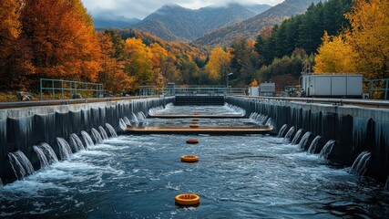 Autumn landscape with water treatment plant cascading into a flowing waterway