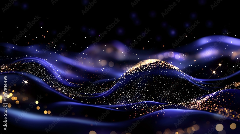 Poster abstract cosmic waves with glowing particles and bokeh effects in deep purple and gold colors agains