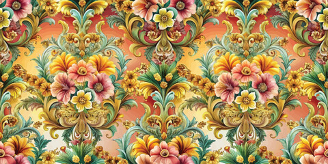 Colorful floral pattern with intricate details and vibrant hues on a soft background.
