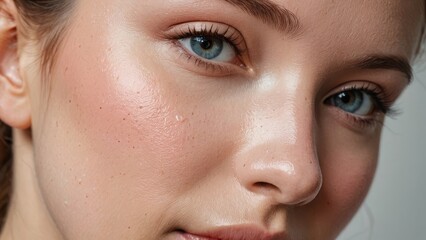 Fototapeta premium Close-up of a woman's face with clear skin and blue eyes, showcasing natural beauty
