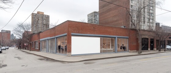 Obraz premium Brick commercial building with large windows and adjacent buildings