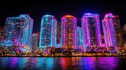 Fototapeta premium Vibrant Night Skyline: Miami's Illuminated Waterfront