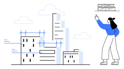 Architect in modern attire pointing to building plans amidst skyscrapers, cranes, and scaffolds. Ideal for architecture, construction, urban planning, real estate, design teamwork creativity. Flat