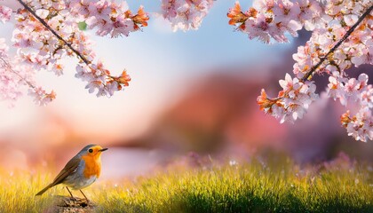 Fototapeta premium abstract art beautiful morning Spring landscape floral background; Springtime Blossom Cherry tree flower and robin bird