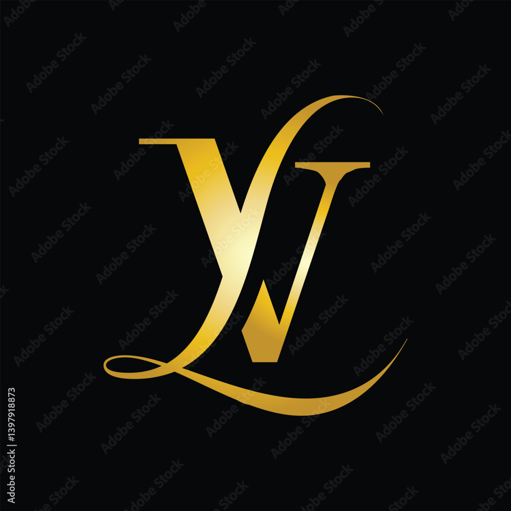 Fototapete this is a monogram design of initial lv in gold color in classic serif font on a black background th