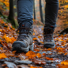 Hiking in autumn leaves on a forest trail
