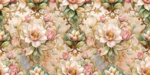 Elegant floral wallpaper featuring soft pink and white blooms on a vintage background.