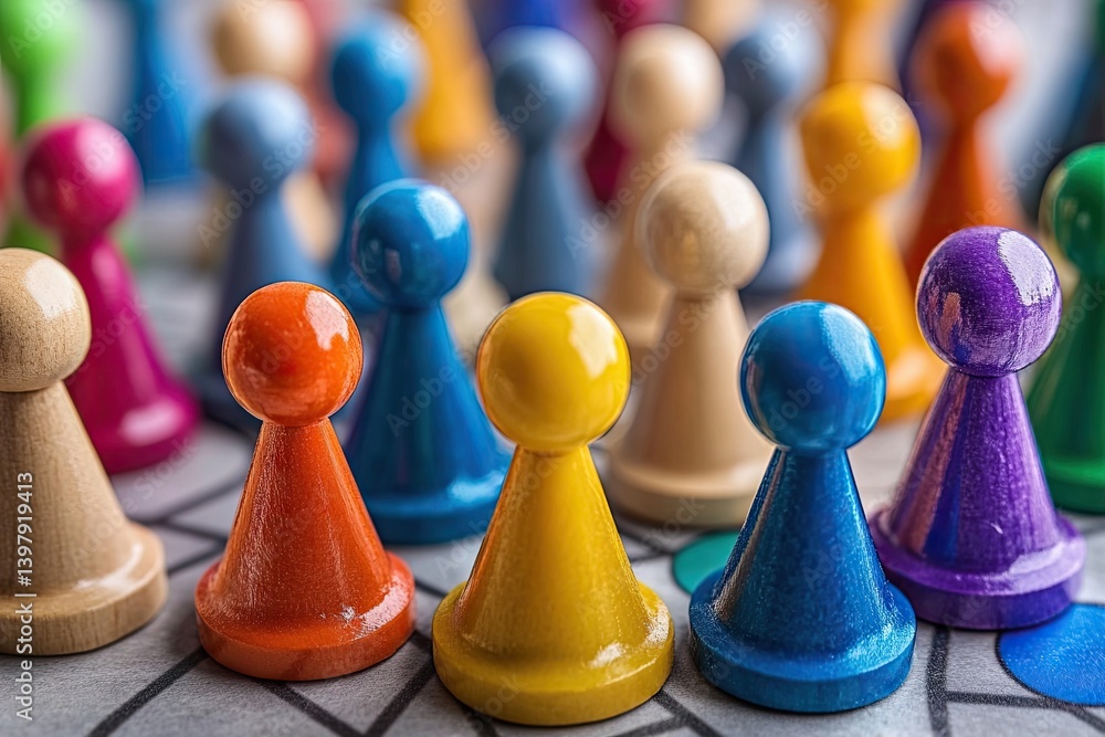 Poster multicolored game pieces stand tall on a board with an abstract grid design in a close-up shot