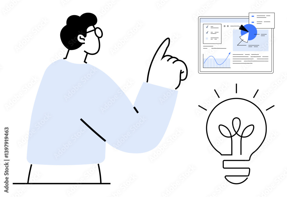 Poster person pointing at a screen displaying charts and analytics while a glowing light bulb signifies inn