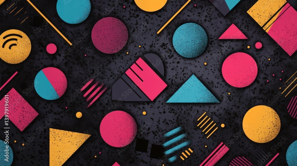 Poster abstract geometrical background with circles triangles and lines in bold colors on a textured surfac