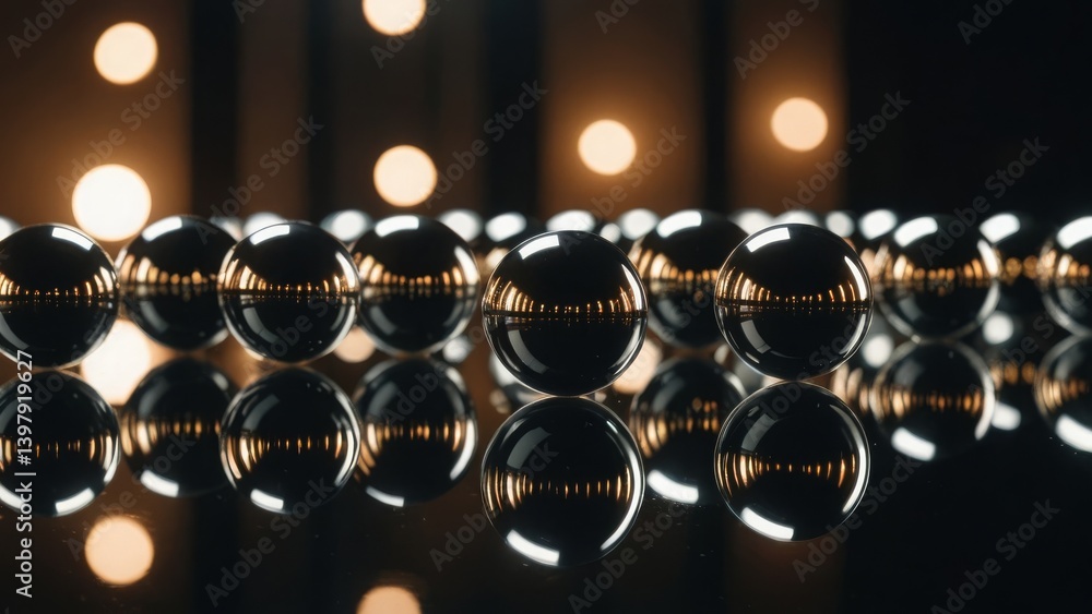 Poster rows of reflective spheres with warm bokeh lights, creating a symmetrical and modern aesthetic
