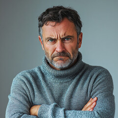 Obraz premium Middle-aged man with serious expression in gray sweater