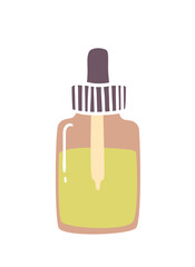 Serum or oil glass bottle isolated on transparent with eyedropper. Face, hair, body care treatment. Cute hand drawn doodle style clip art.