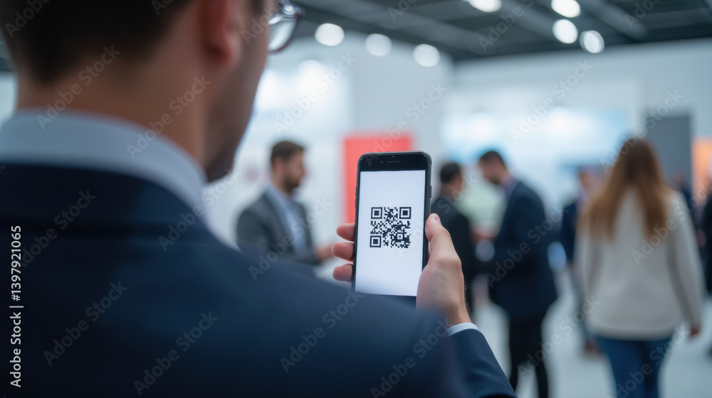 Poster person holding smartphone displaying qr code in busy event space, surrounded by blurred attendees en